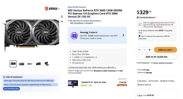 Bilden visar den nya produktannonsen för RTX 3060, närmare bestämt MSI Ventus RTX 3060 med 12 GB RAM, till ett pris av 329 dollar.