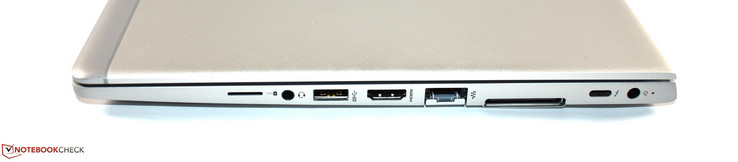 right: SIM slot, audio combo jack, USB 3.0 Type-A, HDMI, RJ45 ethernet, docking port, Thunderbolt 3, power
