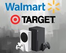 Walmart- och Target-logotyper visas ovanför Xbox-konsoler (Bildkälla: Walmart, Target, Xbox Wire med redigeringar)