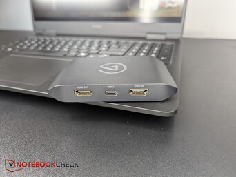 Baksida: 2x HDMI 2.0, 1x USB-C (5 Gb/s)