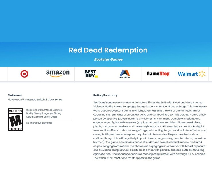 ESRB:s klassificeringssida för Red Dead Redemption visar dess märkning Mature 17+, listade plattformar och en detaljerad innehållssammanfattning (Bildkälla: ESRB)