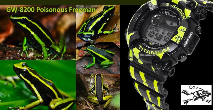 Ett möjligt läckt foto av Casio Frogman GW-8200TPF Poison Dart Frog-klockan (vänster). (Bildkälla: Kosutasu300 via Instagram)