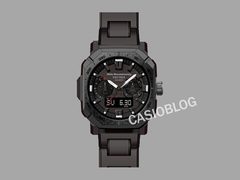 Casio Pro Trek x White Mountaineering PRW-B1000WM-1 kollabsklocka, avbildad med Casioblog-texten mot en grå bakgrund. (Bildkälla: Casioblog)
