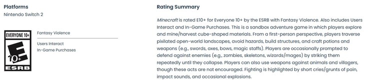 ESRB-betyg för Minecrafts Switch 2-port.