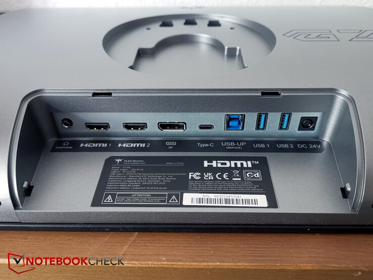 Från vänster: Hörlurar, 2x HDMI, DP, USB-C, USB-B Up, 2x USB-A, ström