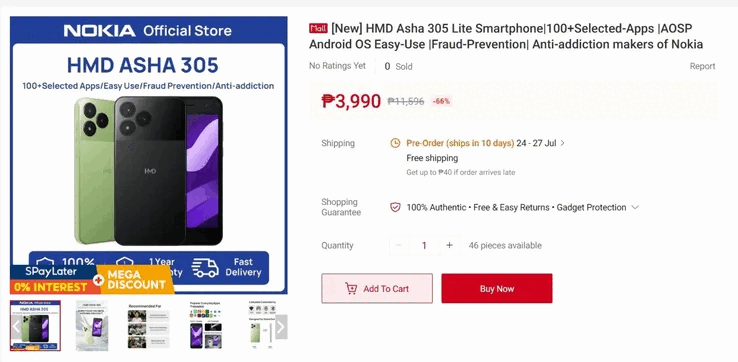 Telefonen har redan listats hos en återförsäljare på Filippinerna för 3 990 PHP (cirka 65 dollar).