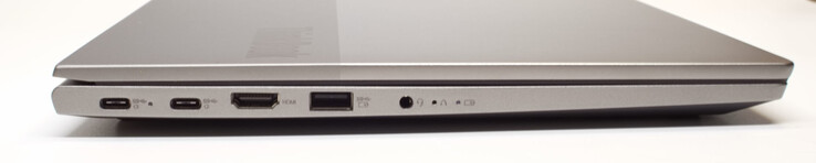 vänster: 2x USB Typ C med PowerDelivery och DisplayPort; HDMI, USB Typ A (3.2 Gen 1); 3,5 mm headset