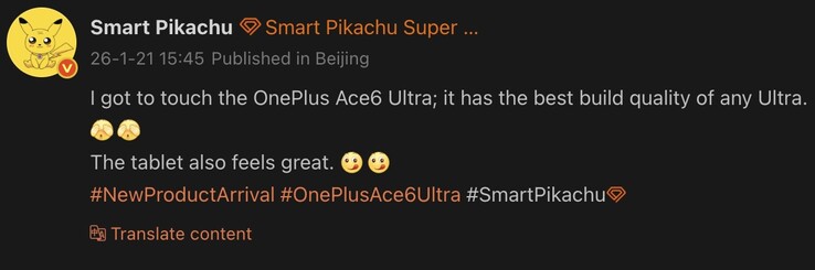 OnePlus Ace 6 Ultra läcker från tipster Smart Pikachu. (Bildkälla: Weibo - maskinöversatt)
