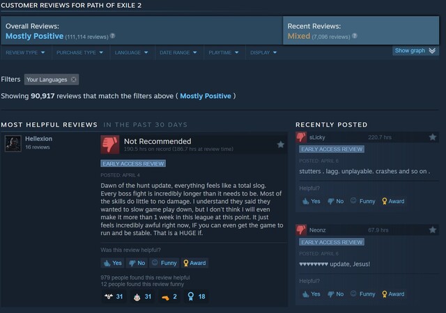 Path of Exile 2 senaste Steam-recensionerna (skärmdump, Steam)