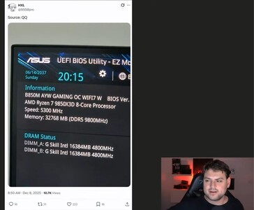 BIOS-skärmdump som enligt uppgift visar ett AMD Ryzen 7 9850X3D-system som körs med 32 GB DDR5-9800-minne, delat av X-kontot @9550pro (Bildkälla: @9550pro / X)