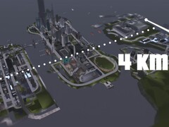 En flygvy över GTA III Liberty Citys 4KM-karta med tre öar
