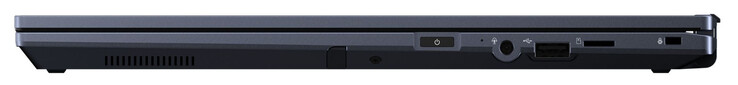 Höger sida: Aktiv stil, strömbrytare, ljudkombination, USB 2.0 (USB-A), minneskortläsare (MicroSD), plats för ett kabellås