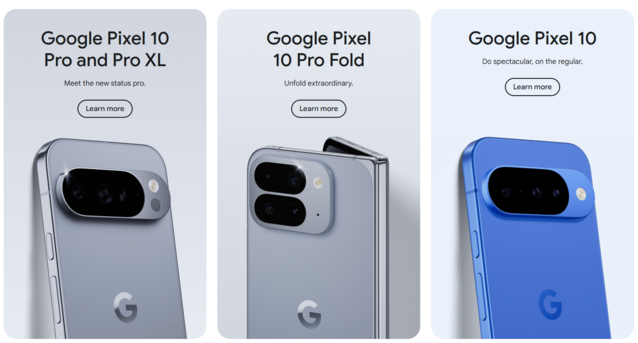 Pixel 10-serien. Med undantag för vikningen är standard Pixel 10 och mindre 10 Pro nästan identiska både i byggnation och specifikation, men har en prisskillnad på $200 (Bildkälla: Google)