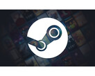 En reklambild för Steam med en stor plattformslogotyp i mitten på en blekt svart bakgrund med olika speltitelomslag ur fokus. (Bildkälla: Steam)