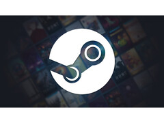 En reklambild för Steam med en stor plattformslogotyp i mitten på en blekt svart bakgrund med olika speltitelomslag ur fokus. (Bildkälla: Steam)