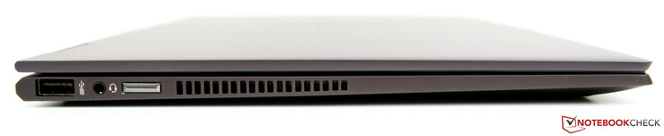 Vänster: USB 3.1 Gen 1 Typ A, kombinerad ljudanslutning, på-knapp, fläktventiler