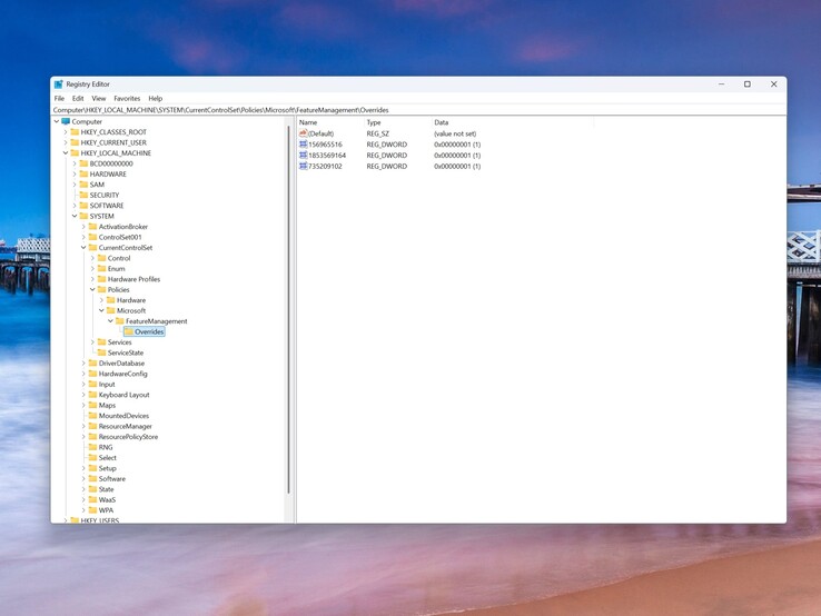 Så här ser motsvarande registerväg ut efter att de tre posterna har lagts till.