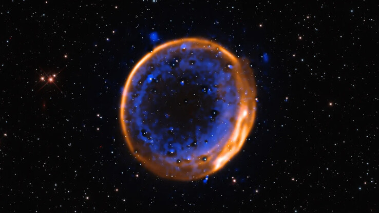 Bild av dubbeldetonationssupernovan SNR 0509-67.5 sedd av VLT. (Bildkälla: ESO/P. Das et al. Bakgrundsstjärnor (Hubble): K. Noll et al.)