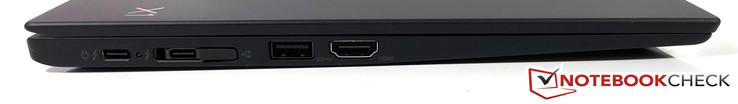 Vänster sida: USB Typ C Thunderbolt 3 x2, Dockningsanslutning (ihopbyggd med den andra USB Typ C porten), USB Typ A 3.0, HDMI 1.4b