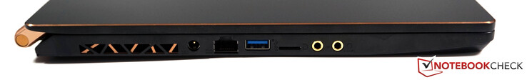 Vänster: ström, RJ45 LAN, USB-A 3.2 Gen2, microSD, mikrofon, hörlurar