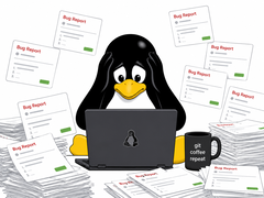 En pingvin i Tux-stil som blir överväldigad av AI-genererade felrapporter som översvämmar en Linux-utvecklares arbetsyta.