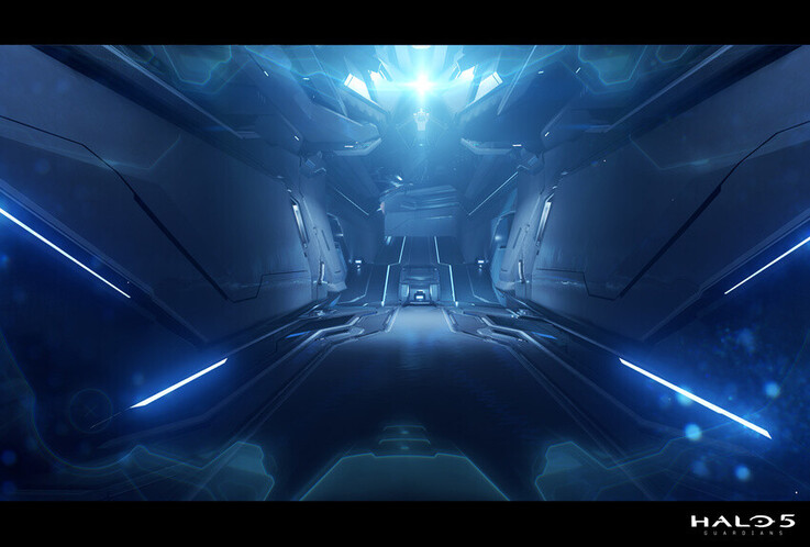 Denna korridorscen i Halo 5: Guardians använder skarp symmetri, ljusa accenter och djupa perspektiv för att skapa en elegant futuristisk atmosfär.