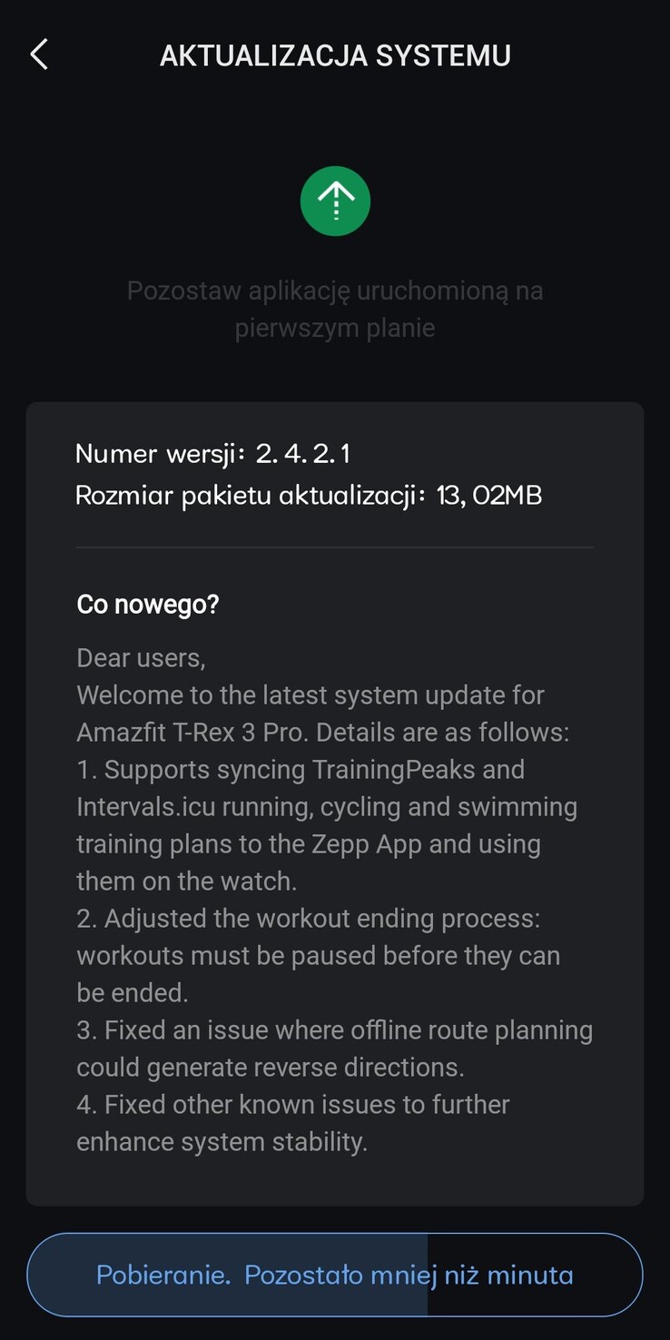 Release Notes för programvaruversion 2.4.2.1 för Amazfit T-Rex 3 Pro smartwatch. (Bildkälla: Reddit)