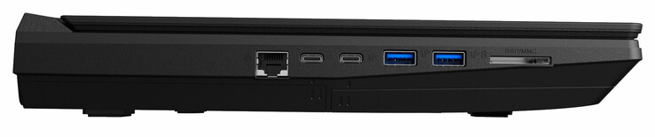 Vänster: Gigabit Ethernet, Thunderbolt 3, USB 3.1 Gen 2 Typ C, 2x USB 3.1 Gen 1 Typ A, kortläsare