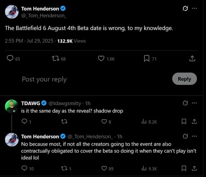 Tom Henderson svar på Battlefield 6 öppen beta starttidsläcka (Bildkälla: skärmdump, Tom Henderson X-konto)