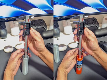 Mätning av djupare hål mellan 3D-printad limsticka (vänster) och originallimsticka (höger)