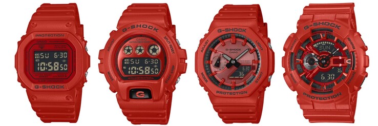 Från vänster till höger: Casio G-Shock DW5600RRB-4, DW6900RRB-4, GA2100RRB-4A och GA110RRB-4A klockor. (Bildkälla: Casio, redigerad)
