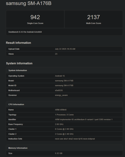 Galaxy A17 Geekbench-lista (bildkälla: Geekbench)