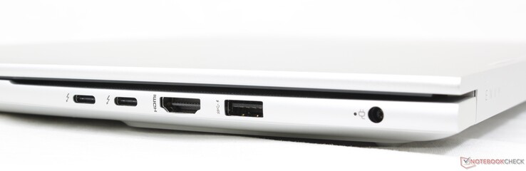 Höger: 2x USB-C med Thunderbolt 4 + DisplayPort 1.4, HDMI 2.1, USB-A 10 Gbps, AC-adapter