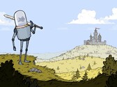Bild från spelet Feudal Alloy som visar en riddare med ett akvariumhuvud och ett slott i bakgrunden. (Bildkälla: Steam)