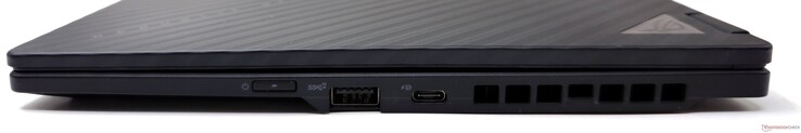 Höger: Strömknapp, USB 3.2 Gen 2 Type-A, USB 4 Gen2 Type-C med DisplayPort 1.4 och Power Delivery