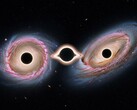 En illustrativ bild som visar de två galaxerna som delar 3 svarta hål (Bildkälla: AI-genererad bild; redigerad)