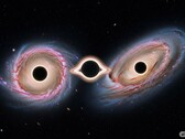 En illustrativ bild som visar de två galaxerna som delar 3 svarta hål (Bildkälla: AI-genererad bild; redigerad)