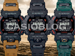 På bilden - Casio G-Shock GDG-B100-1 (helt svart), GDG-B100-1A3 (svart med grön camo-rem) och GDG-B100-1A5 (svart med sandrem).