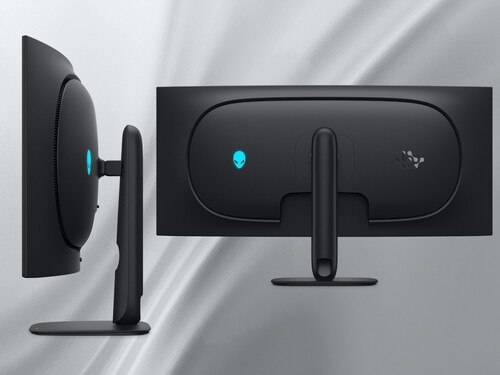 Sidan och baksidan av Alienware AW3926QW 5K OLED-monitor visas