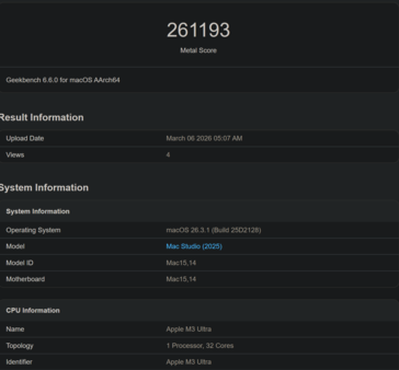 Apple M3 Ultra Geekbench Metall