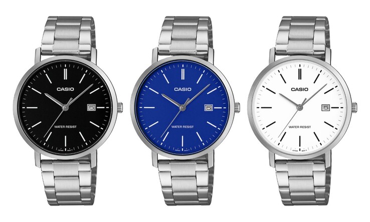 Från vänster till höger: klockorna Casio MTP-VT05D-1E, MTP-VT05D-2E och MTP-VT05D-7E