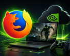Speldator med ett spel på skärmen, varumärkeslogotyper för Geforce Now och Firefox ovanför