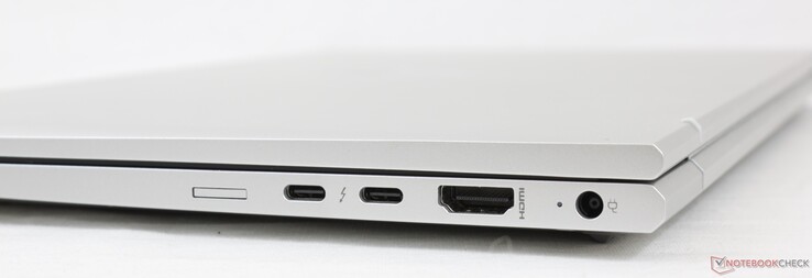Höger: Nano-SIM slot (tillval), 2x USB-C med Thunderbolt 4, HDMI 2.0b, AC-adapter