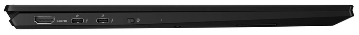 Vänster sida: HDMI, 2x Thunderbolt 4 (USB-C; Power Delivery, Displayport), växel för webbkamera