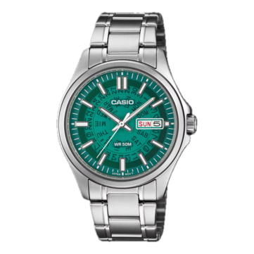 Casio /MTP-E740-3AV med en ljus, genomskinlig urtavla i turkos.