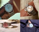 Timex x Todd Snyder Marlin Mesh-klockor med silver-, aquablå och laxrosa sunburst-urtavlor, visade både på och utanför handleden.