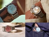 Timex x Todd Snyder Marlin Mesh-klockor med silver-, aquablå och laxrosa sunburst-urtavlor, visade både på och utanför handleden.