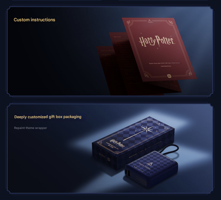 Förpackningen och bruksanvisningen för Xiaomi 33W Power Bank 10000 (Integrerad kabel) Harry Potter Edition. (Bildkälla: Xiaomi, maskinöversatt via Google Translate)