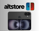 AltStore och meloNX logotyper ovanför iPhone 16 (Bildkälla: Apple, AltStore, meloNX med ändringar)