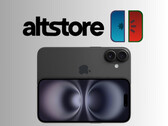 AltStore och meloNX logotyper ovanför iPhone 16 (Bildkälla: Apple, AltStore, meloNX med ändringar)